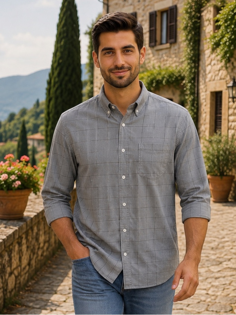 $265 STEVEN ALAN Made In USA Shirt Men L Single Stitch Gray Untuck Cotton Pocket